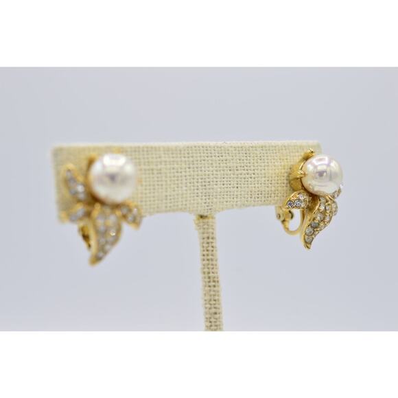 Atwood & Sawyer Vintage Clip Earrings Pearl Flower Crystal Gold A&S Signed BinZ - Picture 5 of 10